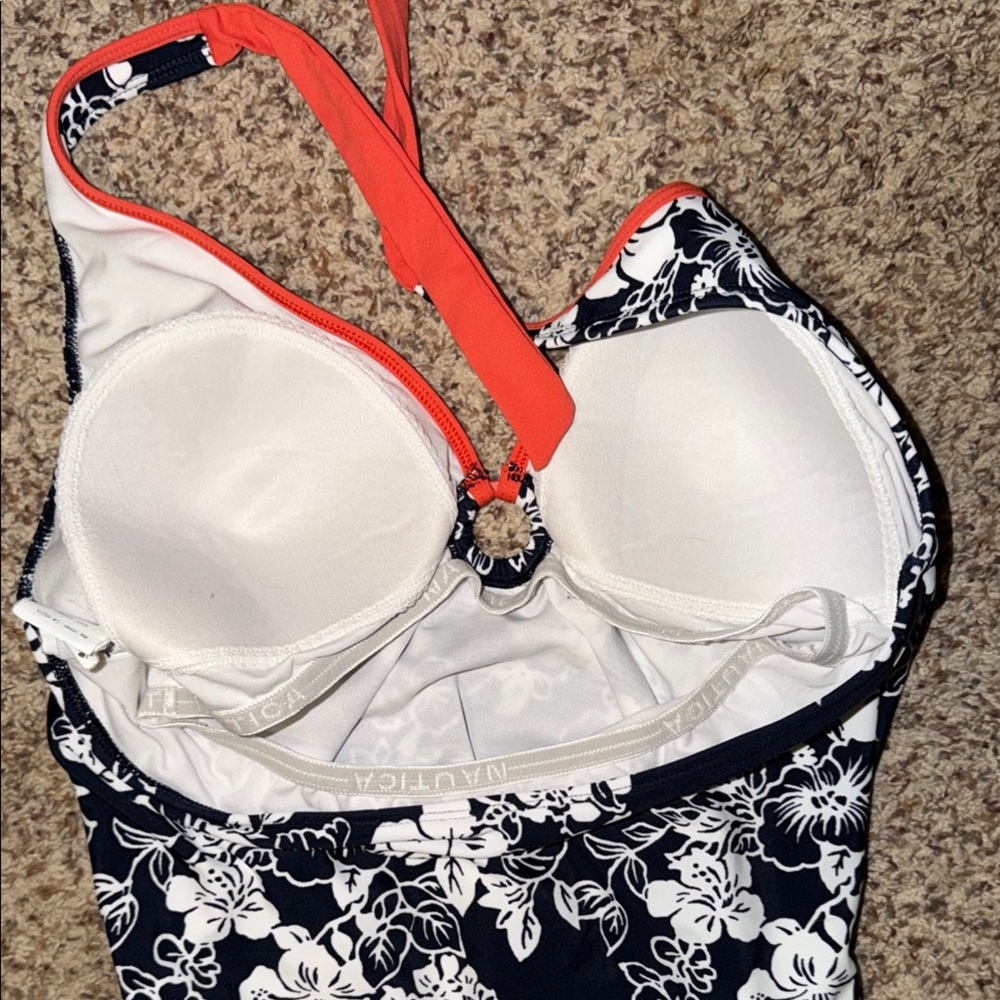 Nautica 16 Floral One-Piece Swimsuit with Coral Trim tie neck - Picture 3 of 3